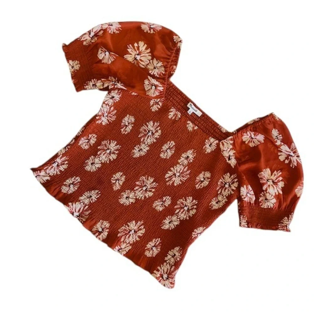 Madewell Georgette Lucie Floral Smocked Top Square Neck Puff Sleeve‎ Rust Size M - Picture 16 of 16